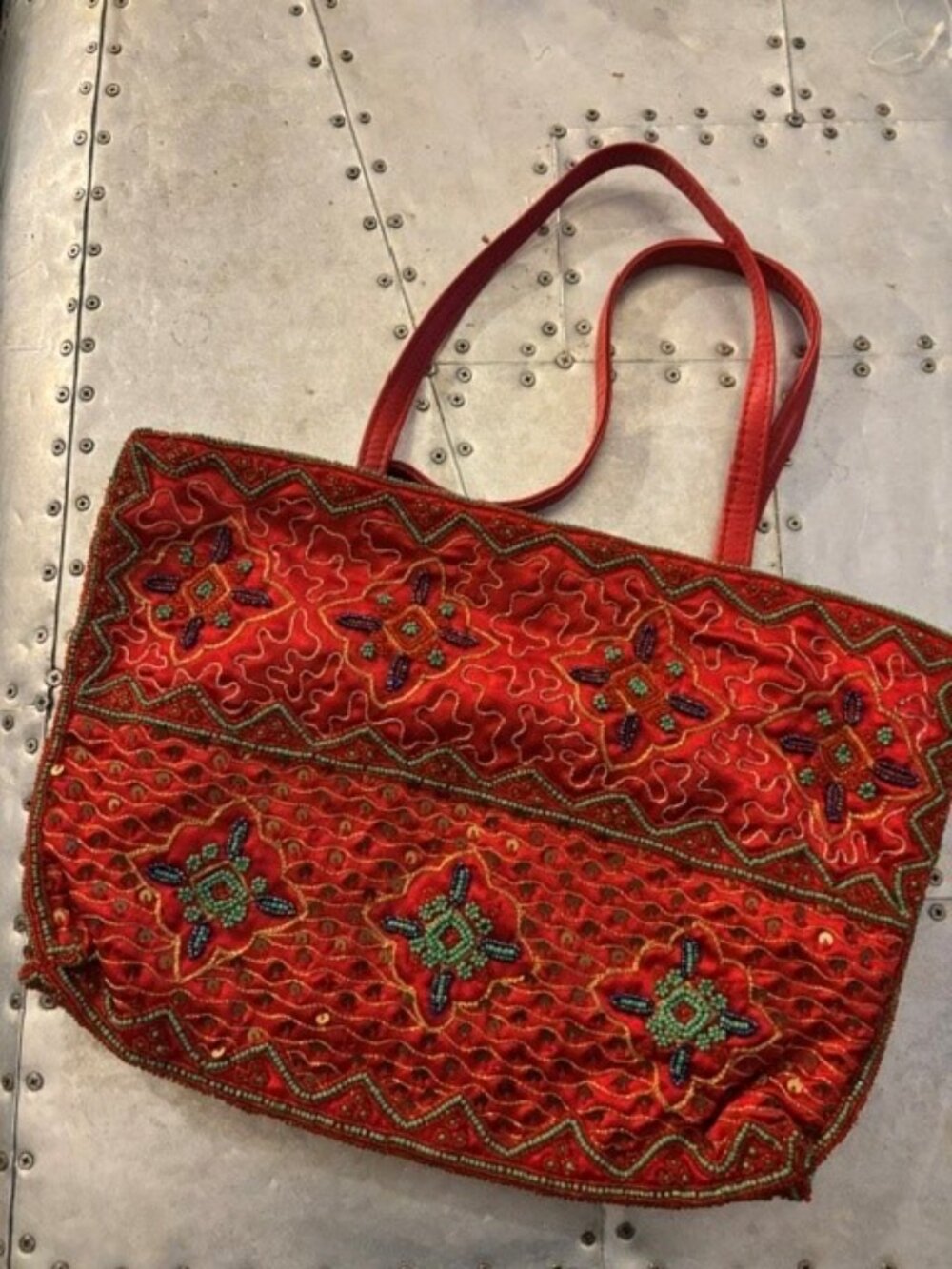 Red Satin Shoulder Bag With Beading